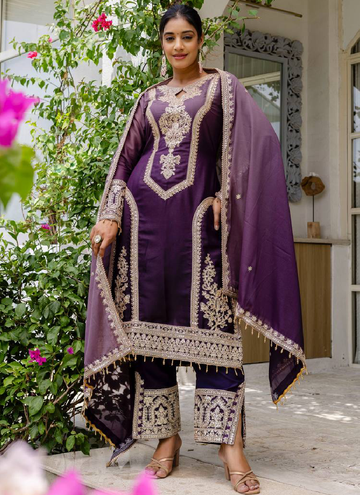 Georgette Sequence Embroidered Purple Salwar Kameez With Dupatta